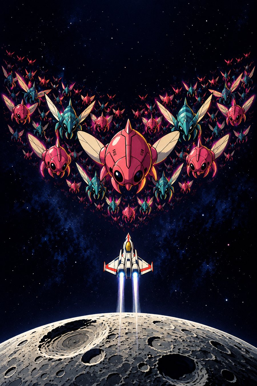 SwarmFall: a fighter ship climbing into a diving alien swarm over the Moon